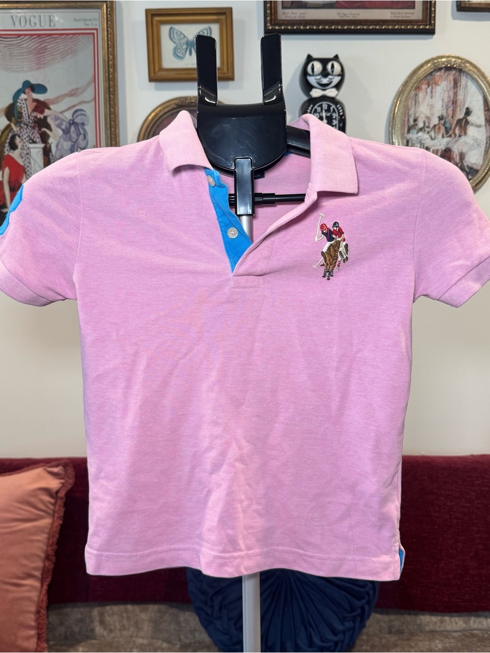 U.S. Polo Assn. Pink Kids Polo with Blue Placket & Embroidered Player
